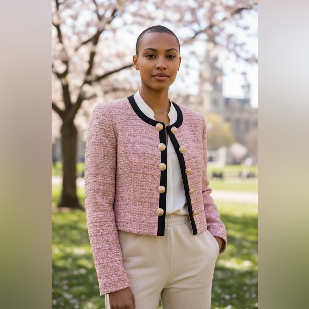 Alexia Admor Pink Multi Color Tweed Jacket with Black Accents and Gold Buttons